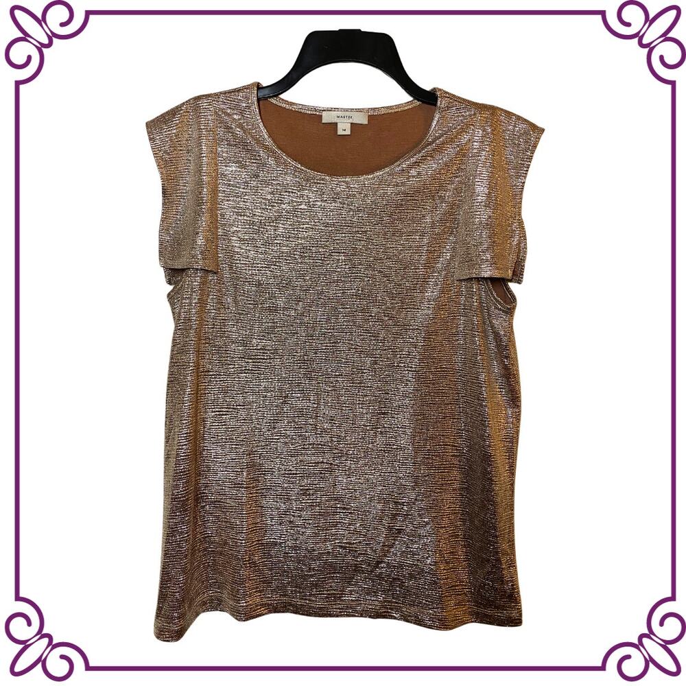 Maette by Stella Dot Zoey Metalic Sheen Short Sleeve Relaxed Fit Top Medium NEW